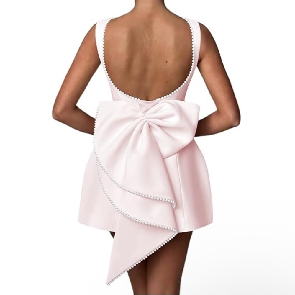 Elegant Pink Satin Dress with Pearl Trim and Bow size 16